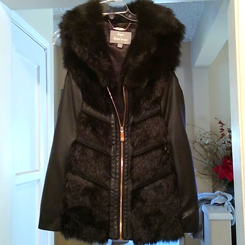 Black faux leather and fur vest